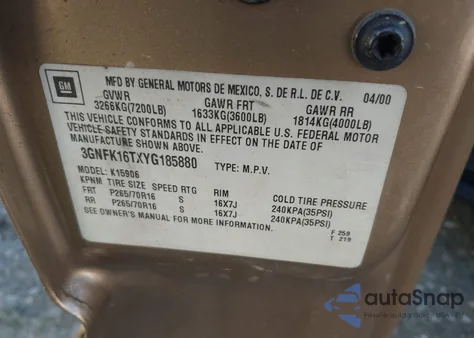 2000 Chevrolet Suburban 1500 Lt из США, поврежденный, VIN 3GNFK16TXYG185880